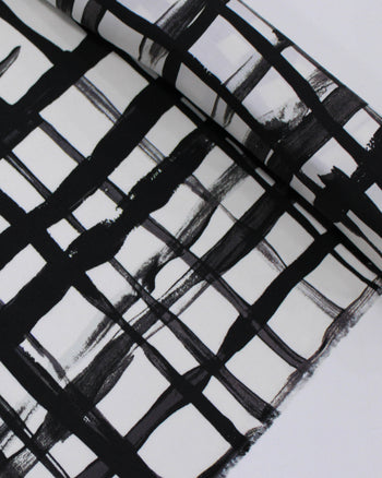 Tecido Viscose Italiano Multi Quadriculado Irregular Preto e Offwhite