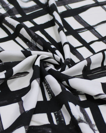 Tecido Viscose Italiano Multi Quadriculado Irregular Preto e Offwhite