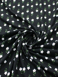Tecido Viscose Texturizada Flores Verde Branco e Preto