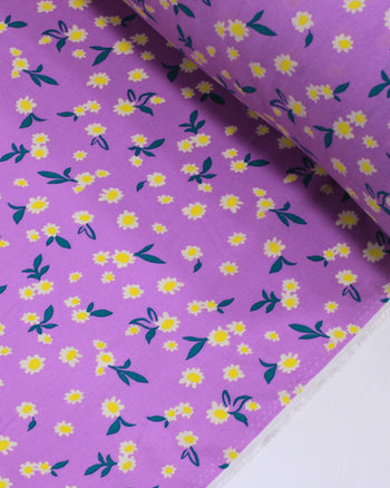 Tecido Viscose Tapete Floral Amarelo, Branco e Lilás