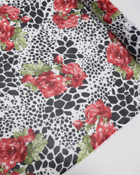 Tecido Crepe Chiffon Italiano Macro Flores Vermelhas e Formas Abstratas P/B