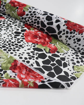 Tecido Crepe Chiffon Italiano Macro Flores Vermelhas e Formas Abstratas P/B