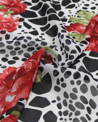 Tecido Crepe Chiffon Italiano Macro Flores Vermelhas e Formas Abstratas P/B