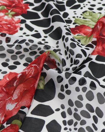 Tecido Crepe Chiffon Italiano Macro Flores Vermelhas e Formas Abstratas P/B