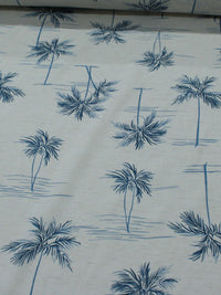 Tecido Linho Misto Camisaria Folhagens e Paisagem Azul e Cru