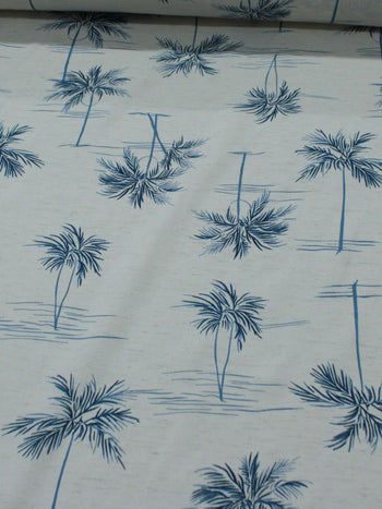 Tecido Linho Misto Camisaria Folhagens e Paisagem Azul e Cru