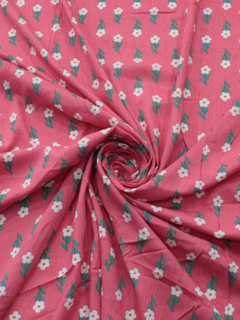 Tecido Viscose Texturizada Flores Verde Branco e Rosa