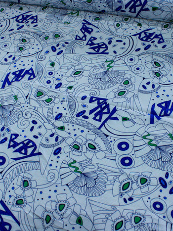 Tecido Cambraia de Algodão Desenhos Abstratos Baby Azul e Branco