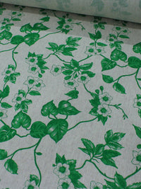 Tecido Linho Misto Leve Ramos e Flores Verde e Cru