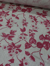 Tecido Linho Misto Leve Ramos e Flores Rosa e Cru