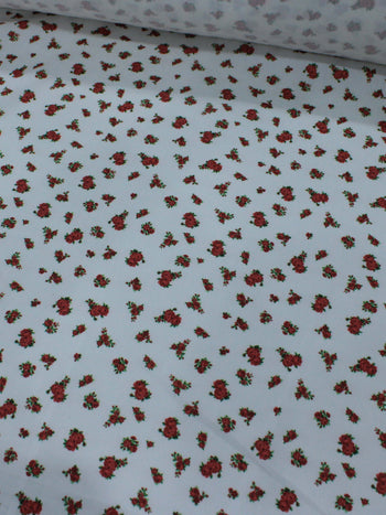 Tecido Sarja Mista com Elastano Micro Rosas Branco