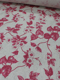 Tecido Linho Misto Leve Ramos e Flores Rosa/Cru