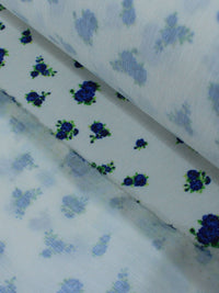 Tecido Sarja Mista com Elastano Micro Rosas Azul e Branco