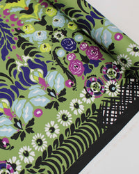 Tecido Crepe Silk Italiano Barrado Floral e Artes Abstratas Colorido e Verde