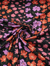 Tecido Viscose Texturizada Estampa Flores Rosa Laranja e Preto