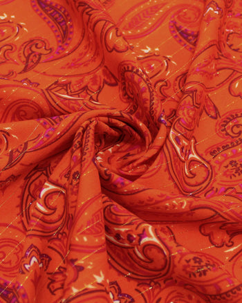 Tecido Viscose com Lurex Cashmere Estampado Rosa e Laranja Vibrante