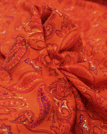 Tecido Viscose com Lurex Cashmere Estampado Rosa e Laranja Vibrante