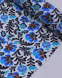Tecido Viscose com Lurex Estampa Floral Marrom, Tons de Azul e Branco