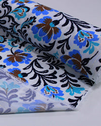 Tecido Viscose com Lurex Estampa Floral Marrom, Tons de Azul e Branco