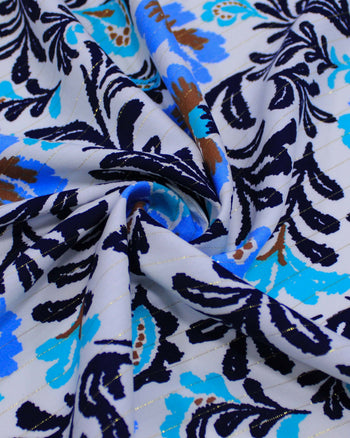 Tecido Viscose com Lurex Estampa Floral Marrom, Tons de Azul e Branco