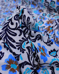 Tecido Viscose com Lurex Estampa Floral Marrom, Tons de Azul e Branco