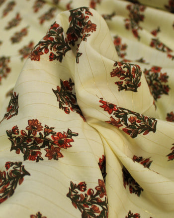 Tecido Viscose com Lurex Buquê Floral Verde, Vermelho e Creme