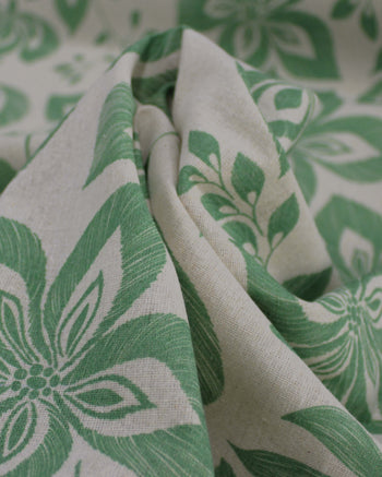 Tecido Linho Misto Estampa Floral Verde Menta e Cru