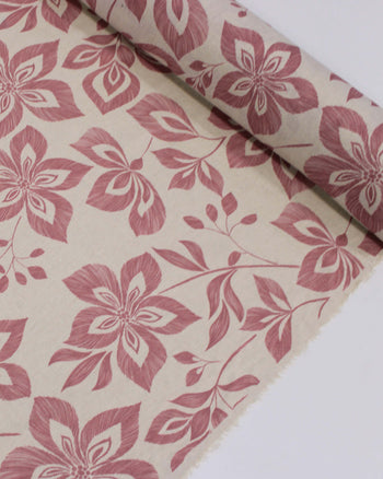 Tecido Linho Misto Estampa Floral Rosa Chá e Cru