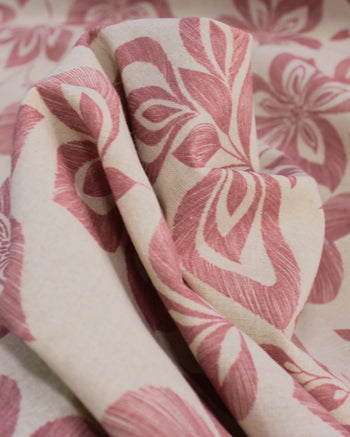 Tecido Linho Misto Estampa Floral Rosa Chá e Cru