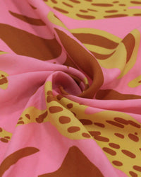 Tecido Viscose Onças Abstrata Amarelo, Marrom e Rosa
