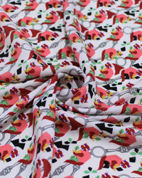 Tecido Crepe Silk Italiano Animais Abstratos Colorido e Branco