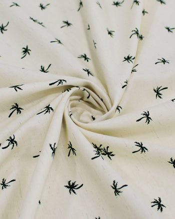 Tecido Linho Misto Camisaria Micro Palmeiras Verde Esmeralda e Offwhite
