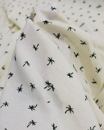 Tecido Linho Misto Camisaria Micro Palmeiras Verde Esmeralda e Offwhite