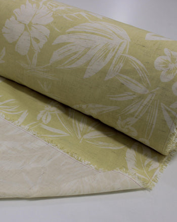 Tecido Linho Misto Camisaria Folhagens e Flores Branco e Amarelo Requinte