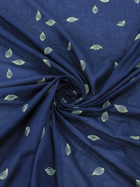 Tecido Cambraia de Algodão Bordada Micro Folha Offwhite e Azul Marinho