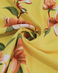 Tecido Crepe Koshibo Macro Flores Laranja e Amarelo