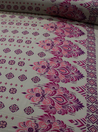 Tecido Viscose Barrado Símbolos Étnicos Rosa e Bege