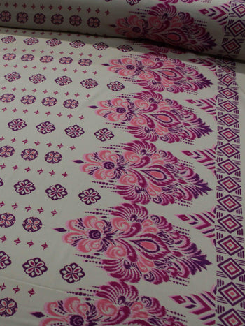 Tecido Viscose Barrado Símbolos Étnicos Rosa e Bege
