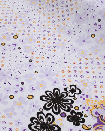 Tecido Viscose Mista com Poliamida Grosso Barrado Cashmere Floral Amarelo, Roxo e Branco