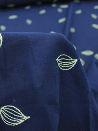 Tecido Cambraia de Algodão Bordada Micro Folha Offwhite e Azul Marinho