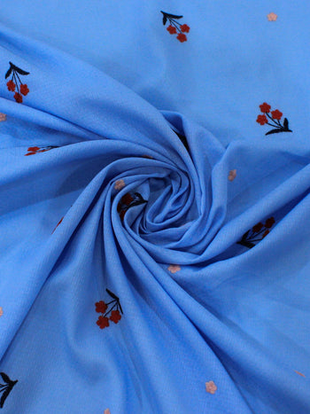 Tecido Cambraia de Algodão Bordada Flores Vermelha e Azul
