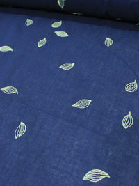 Tecido Cambraia de Algodão Bordada Micro Folha Offwhite e Azul Marinho