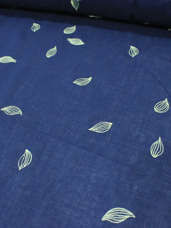 Tecido Cambraia de Algodão Bordada Micro Folha Offwhite e Azul Marinho