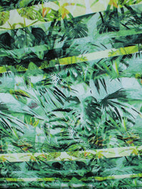 Tecido Viscose Estampa Folhas e Barrado Horizontal Tons de Verde