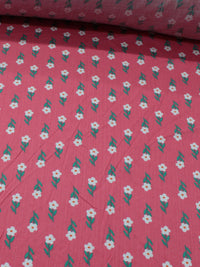 Tecido Viscose Texturizada Flores Verde Branco e Rosa