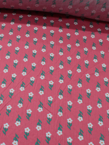 Tecido Viscose Texturizada Flores Verde Branco e Rosa