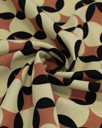Tecido Viscose Texturizada Poá Estampado Preto, Creme e Castanho