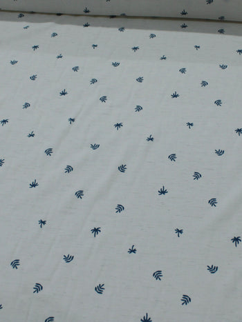 Tecido Linho Misto Camisaria Micro Folha Azul e Cru