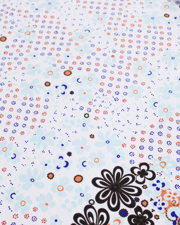 Tecido Viscose Mista com Poliamida Barrado Cashmere e Tapete Floral Tons Frios e Branco