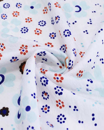 Tecido Viscose Mista com Poliamida Barrado Cashmere e Tapete Floral Tons Frios e Branco